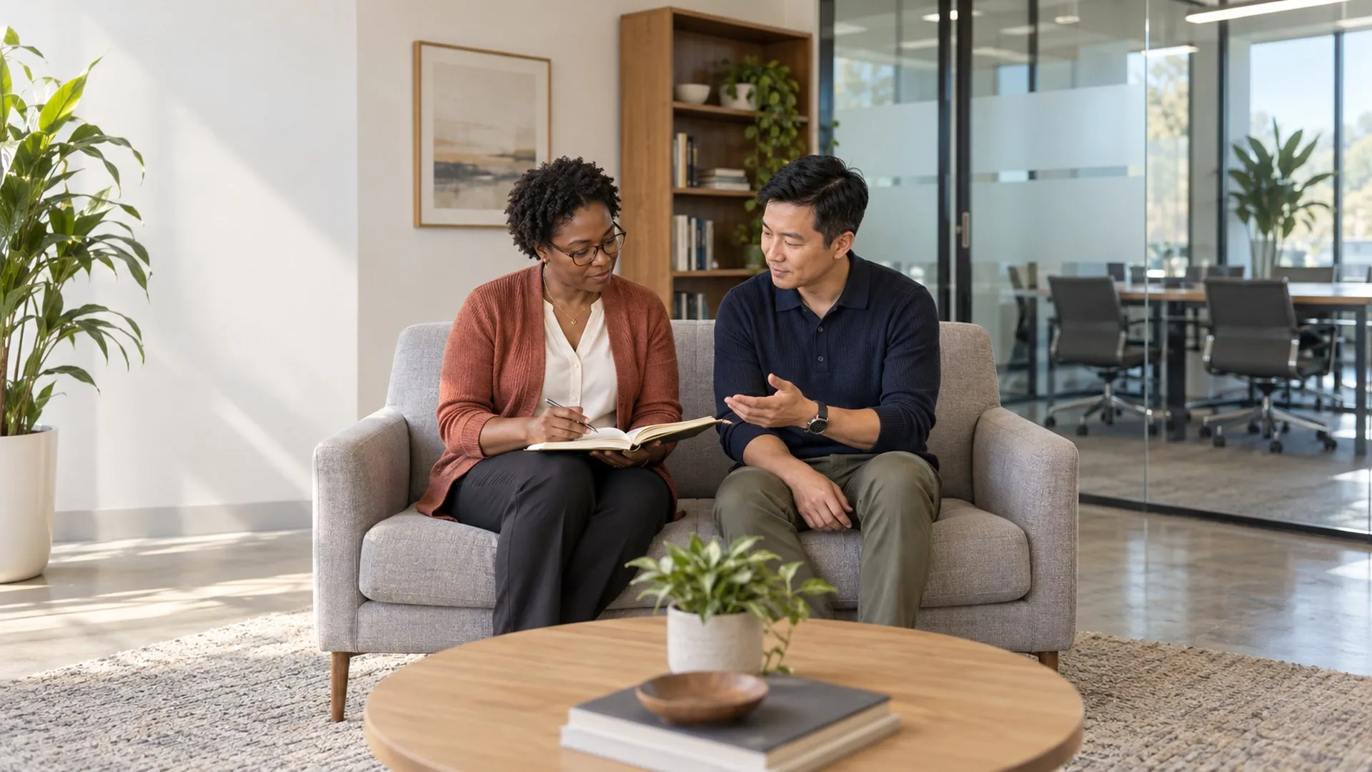 A man and a woman talking through notes together on a sofa in a bright office